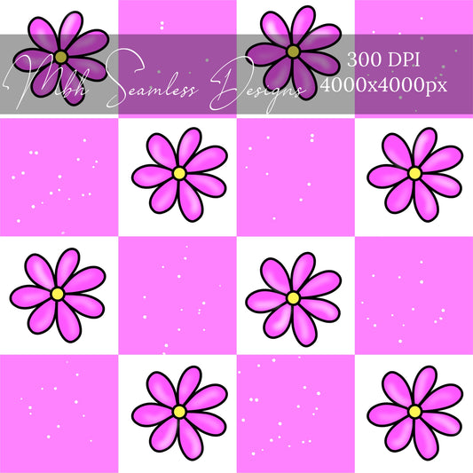 Checkered  Pink Floral Daisies Seamless Pattern