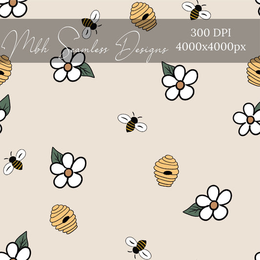 Boho Bee Hive Daisies Seamless Pattern