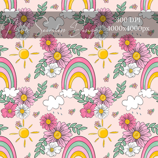 Pink Spring Rainbow Floral Seamless Pattern