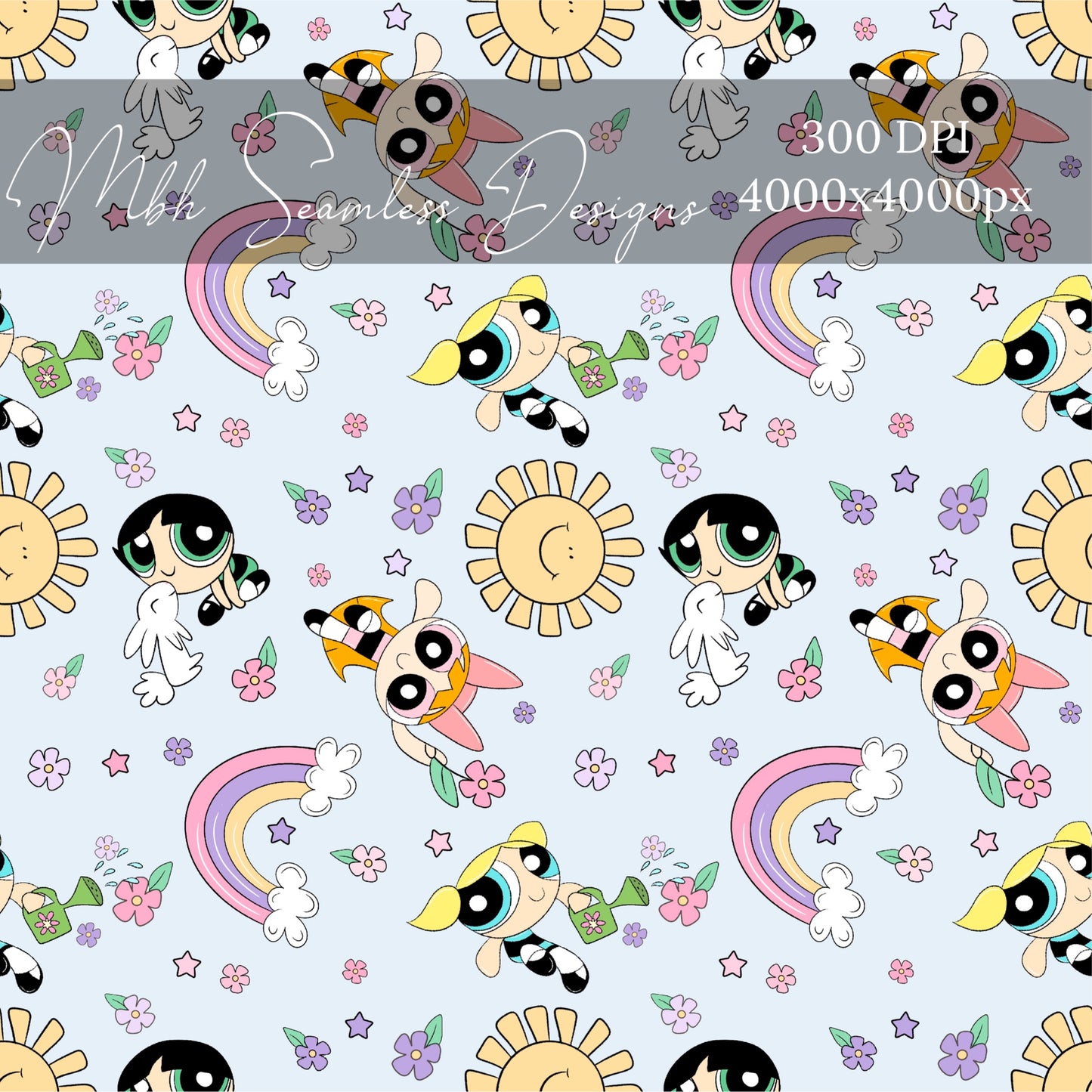 PPG BLUE Multidirectional Sunny Rainbow Floral Seamless Pattern